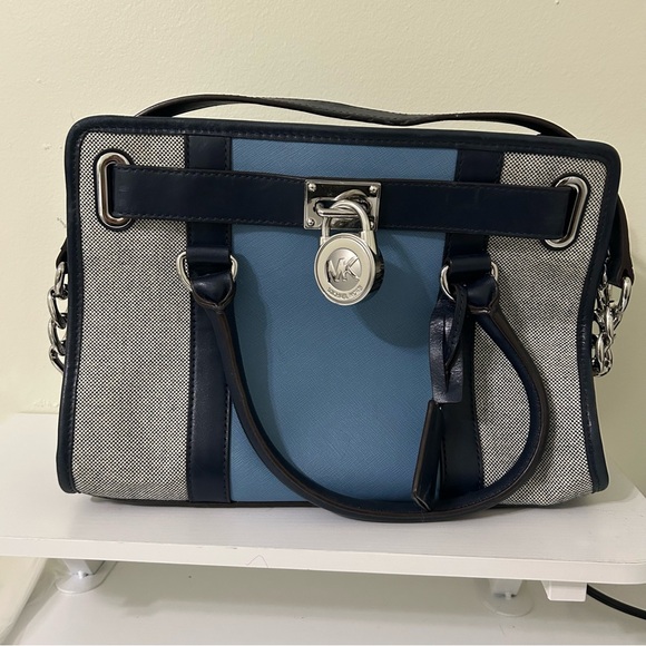 Michael Kors Hamilton Center Stripe Blue and Gray Two-Toned Women's Bag - Picture 1 of 14